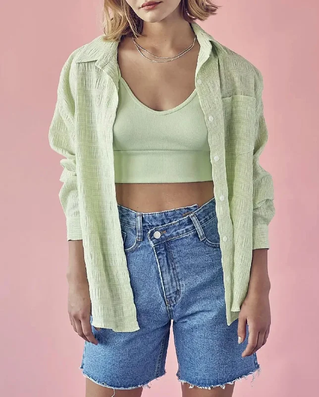 Midnight Madness Shirred Crinkled Button-Up Shirt In Green