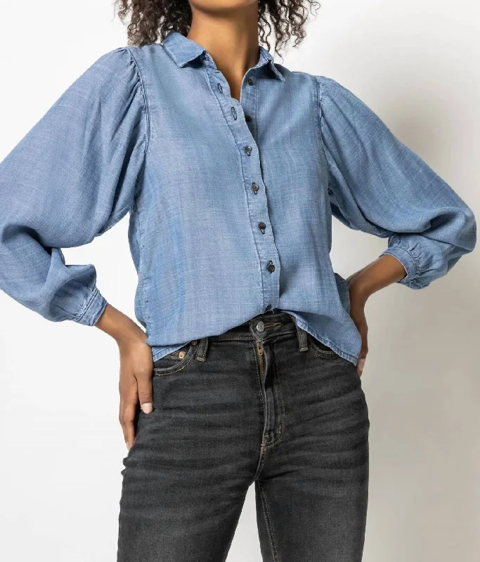 Online Specials Shirred Sleeve Button Down Top In Washed Chambray