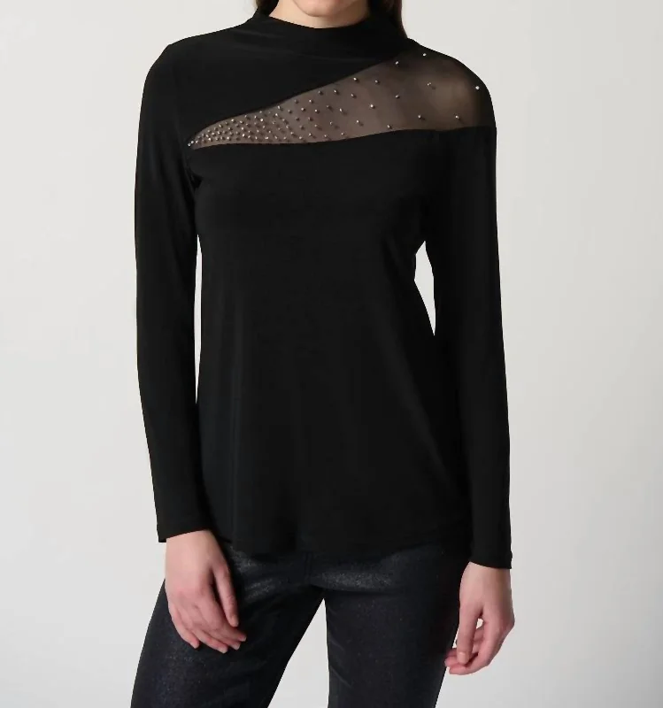 Blowout Sale Silky Knit Top With Embellished Mesh Insert In Black