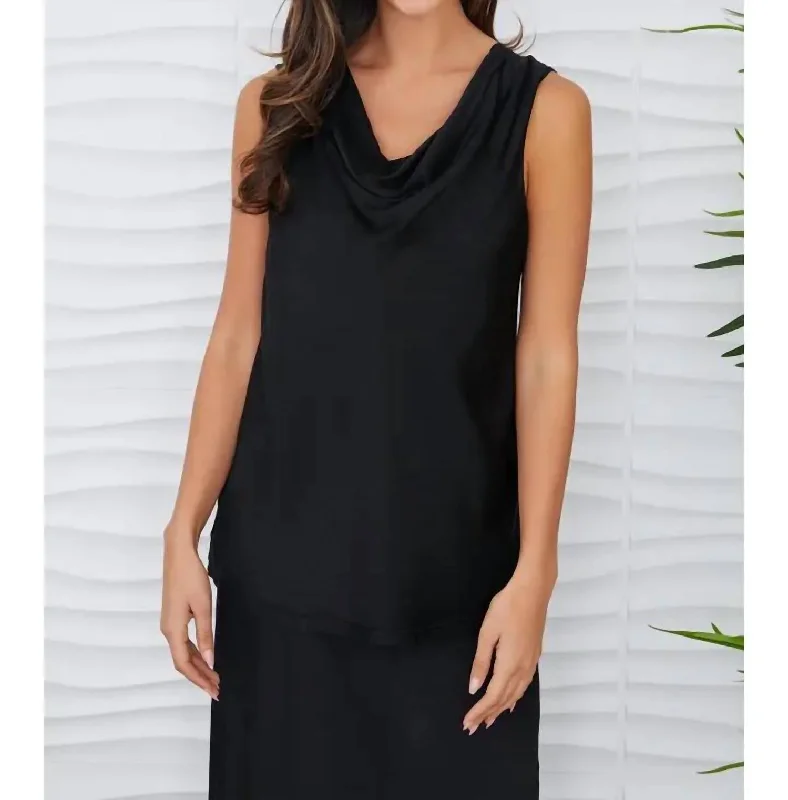 Instant Savings Silky Mixed Media Cowl Front Tank In Black