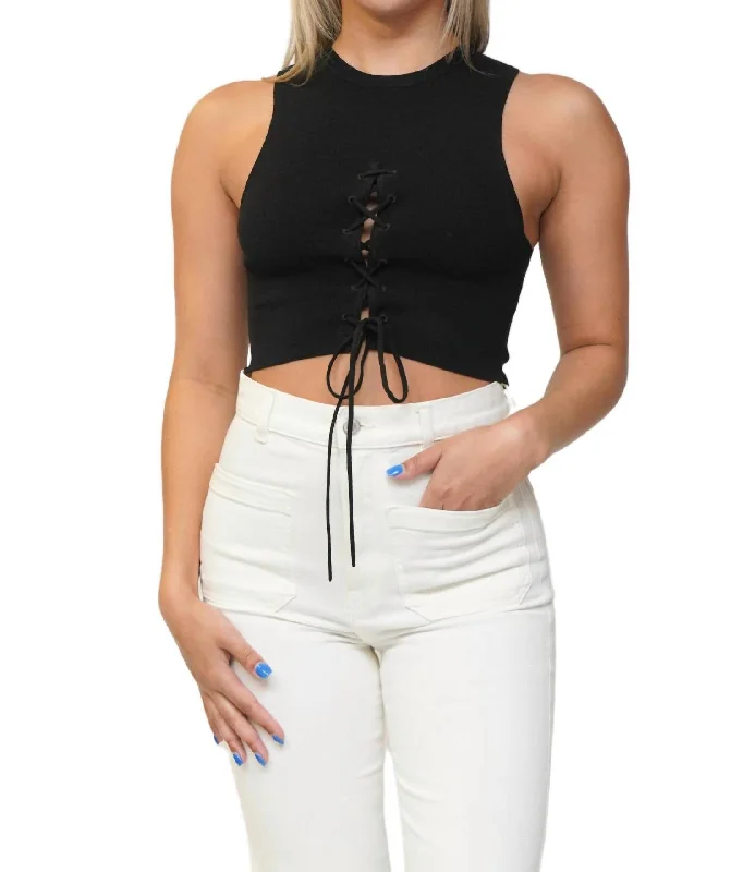 Savings Alert Sleeveless Lace-Front Top In Black