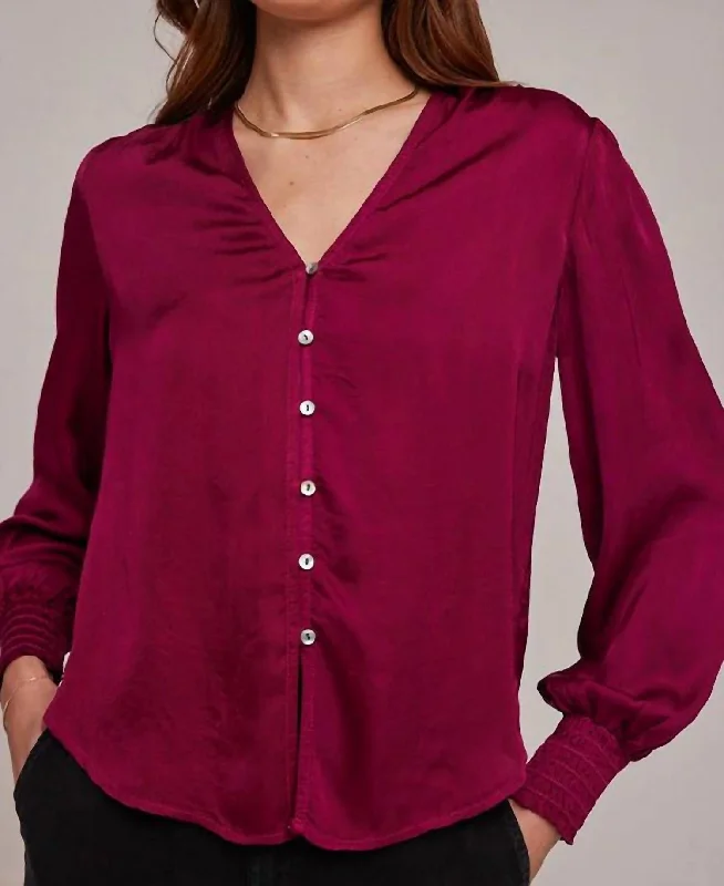 Online Only Smocked Cuff Button Down Shirt In Dark Fuchsia