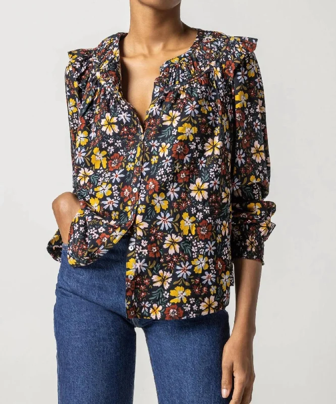 Midnight Madness Smocked Cuff Top In Black Floral