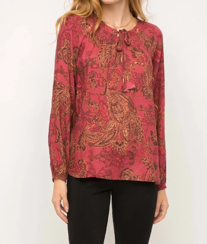 Epic Deals Smocked Neck Tassel Tie Peasant Blouse In Burgundy Paisley Print