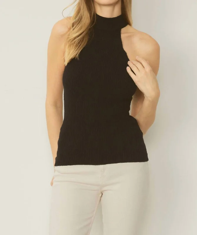 Final Clearance Solid Ribbed Mock Neck Top In Black