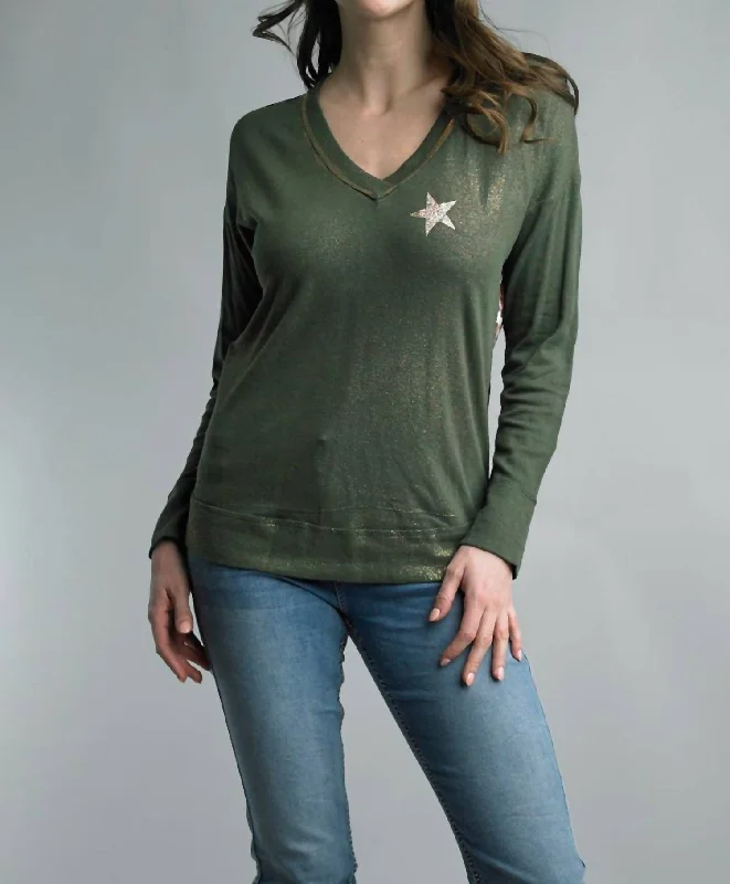 Bargain Prices Sparkly Star Leopard Print Back Top In Olive