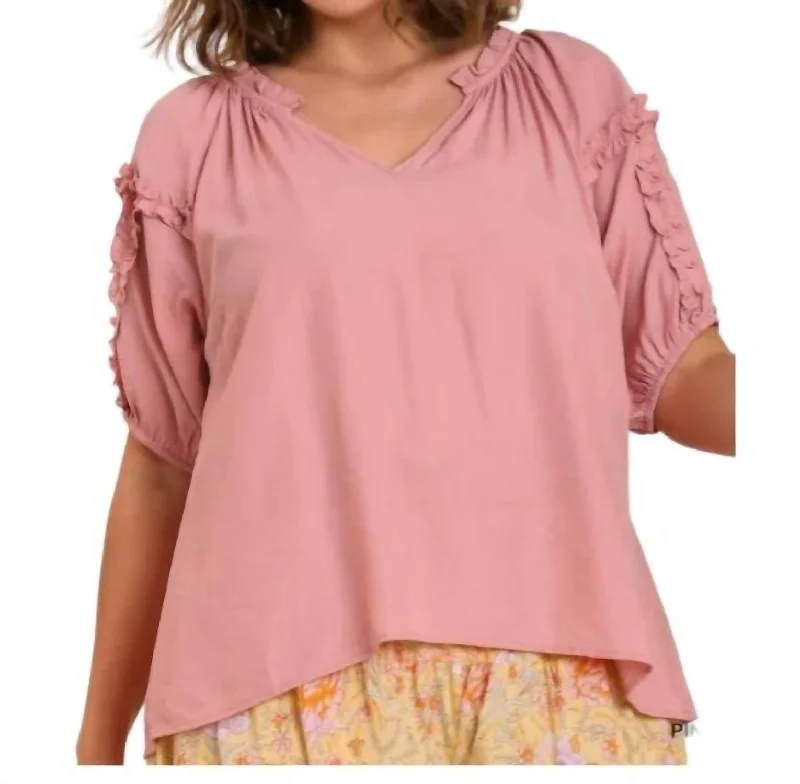 Buy Now Split Neck Puff Sleeve Blouse In Pink