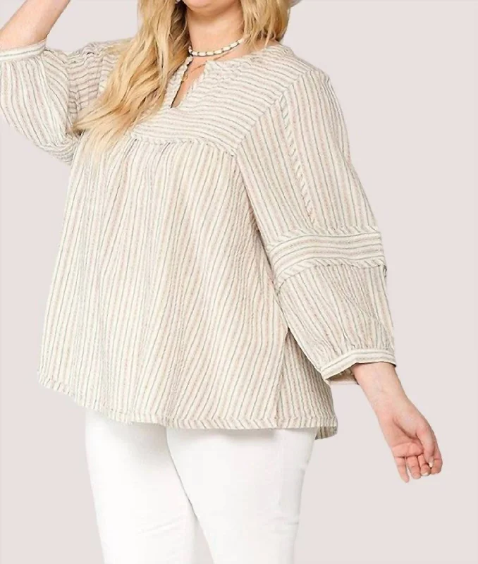 Get It Before It’s Gone Stripe Bubble Sleeve Top - Plus In Denim/mocha Mix