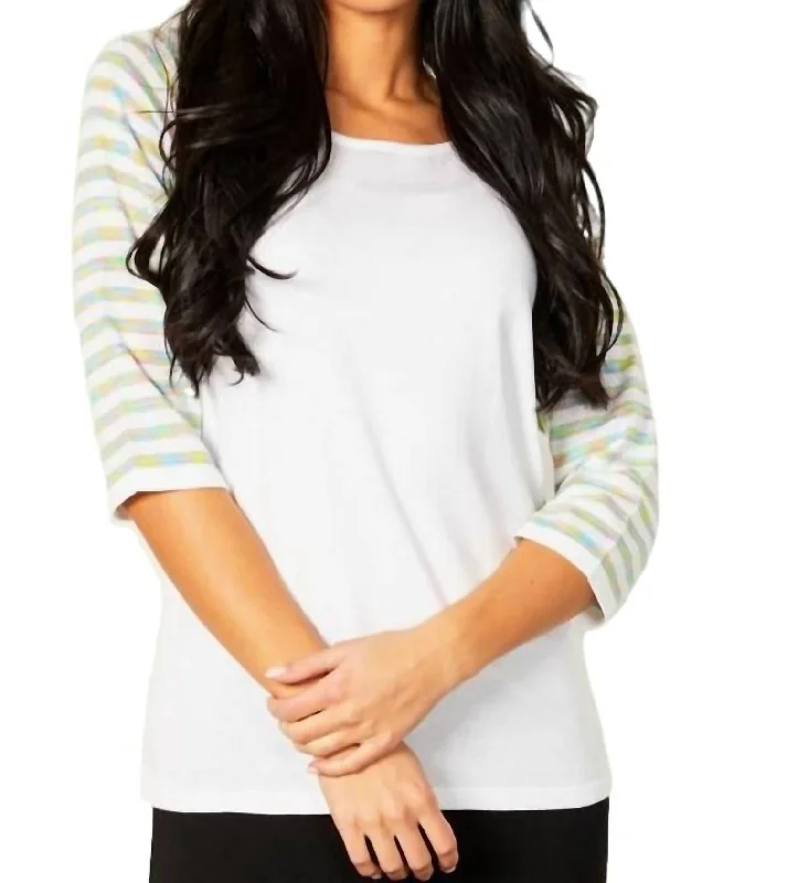 Exclusive Savings Stripe Sleeve Raglan Scoop Neck Top In White Multi