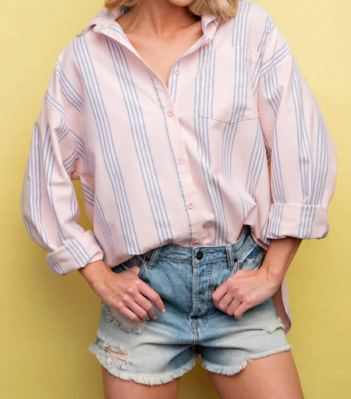 Price Slash Striped Button Down Top In Blush