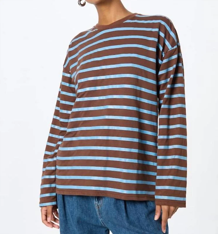 Take Advantage Striped Crew Neck Long Sleeve Top In Navy/brown