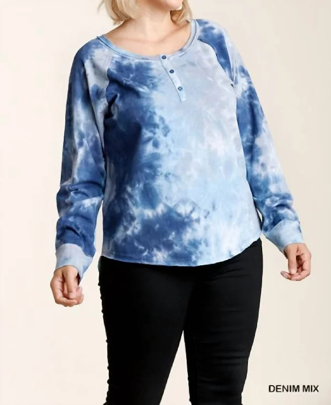 Final Clearance Tie Dye Button Front Raglan Sleeve Top With Raw Hem In Denim