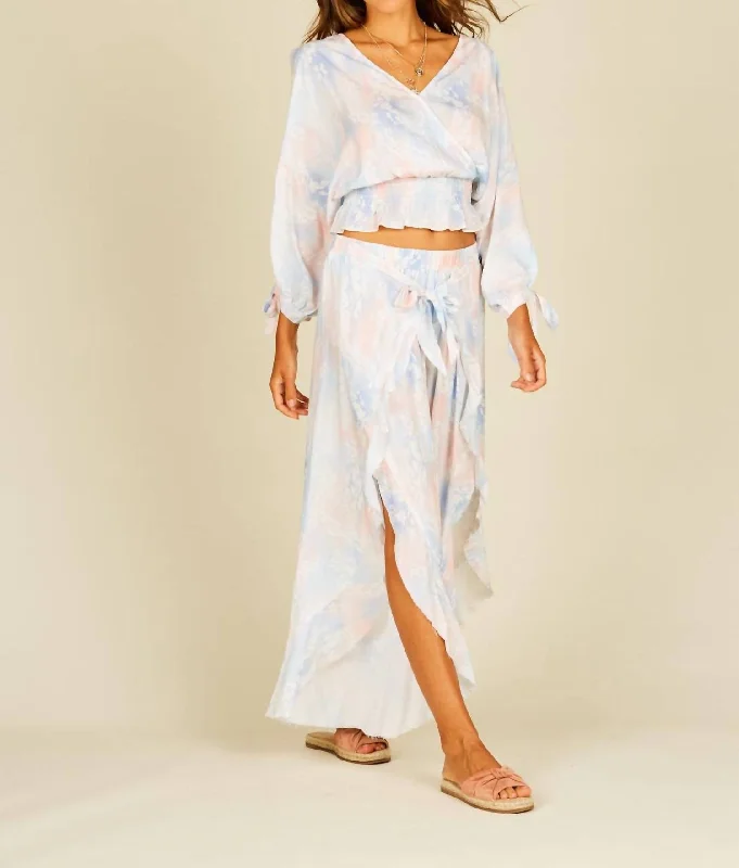 Bargain Prices Tie Dye Cold Shoulder Faux Wrap Smocked Top In Watercolor Pastels