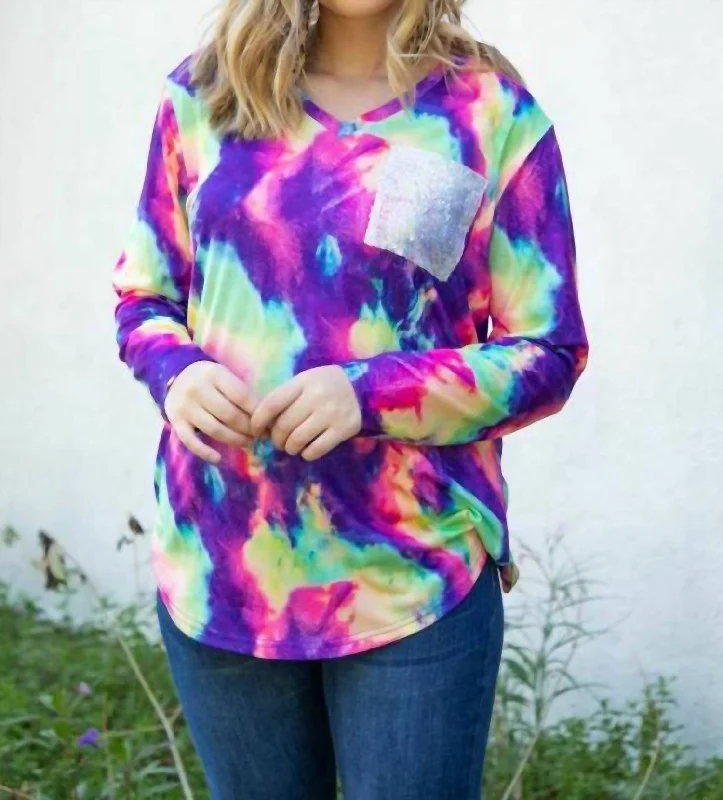 Clearance Sale Tie Dye V Neck Sequin Pocket Bright Colors Top In Multi