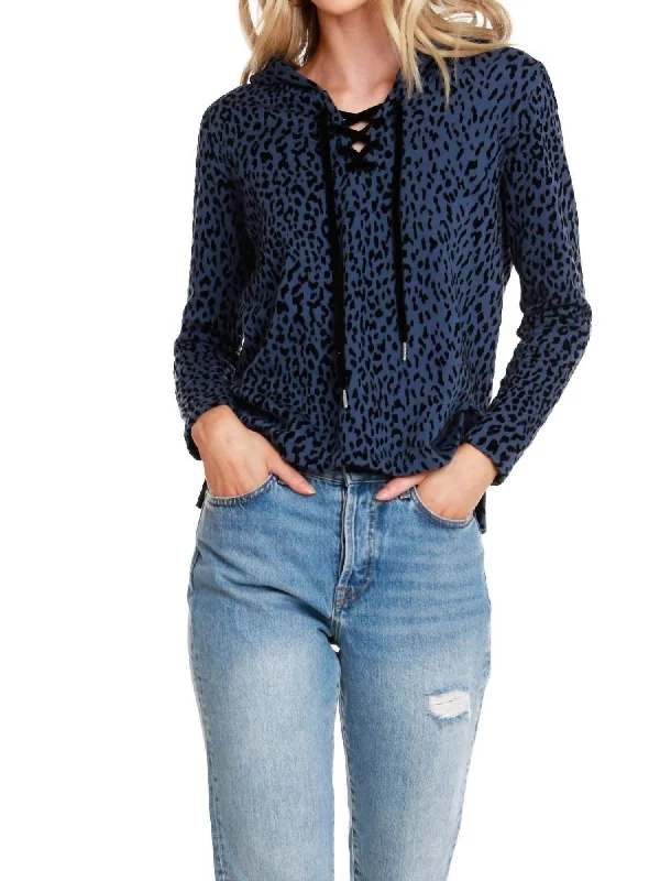 Overstock Tie Front Hoodie In Blue/leopard