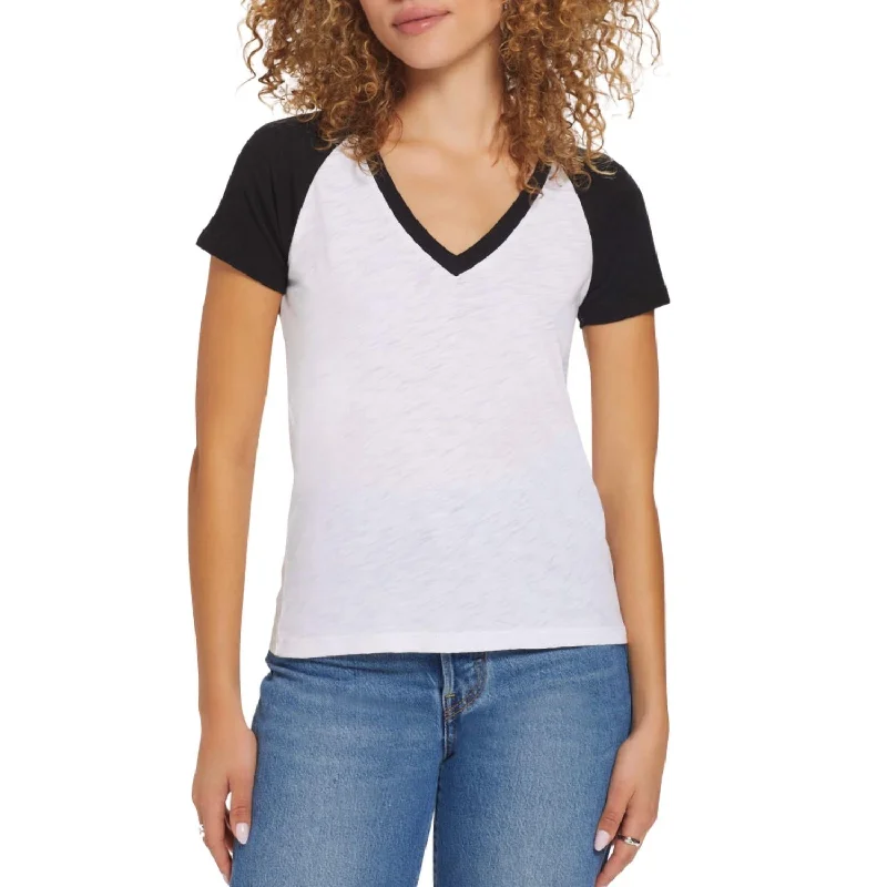 Exclusive Preview Two Tone V Neck Raglan Tee In White/black