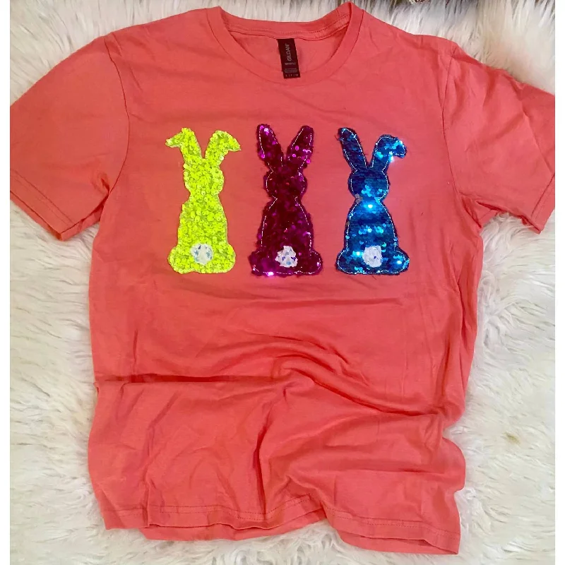 Amazing Deals Unisex Neon Sequin Sewn Bunny Trio Tee In Coral