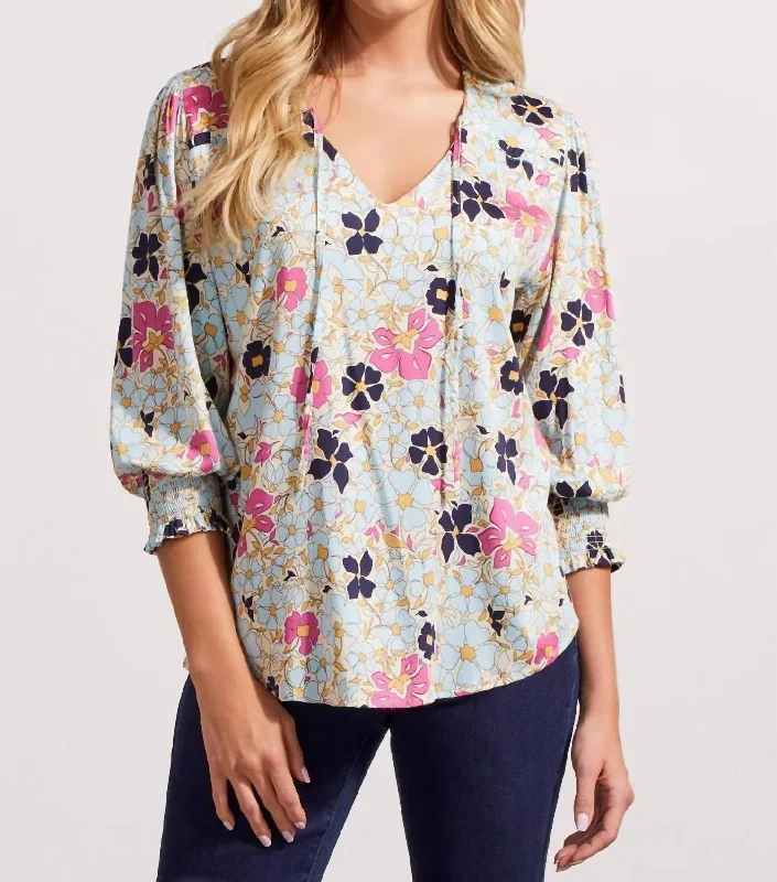 Savings Galore V-Neck 3/4 Sleeve Blouse W/elastic Cuff In Poolside