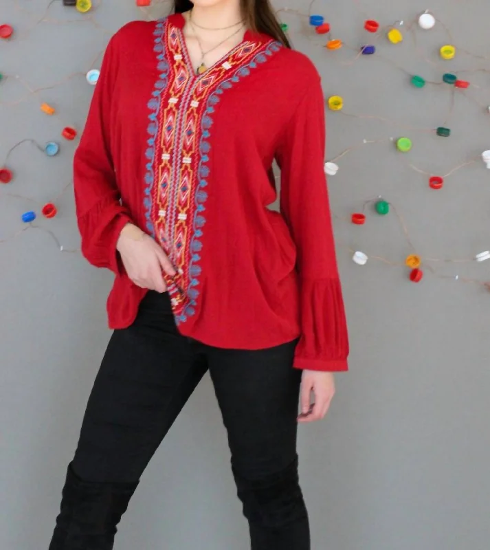 Savings Bonanza V Neck Embroidery Pullover In Red