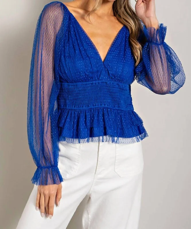 Online Exclusive V Neck Mesh Dot Sleeve Blouse In Royal Blue