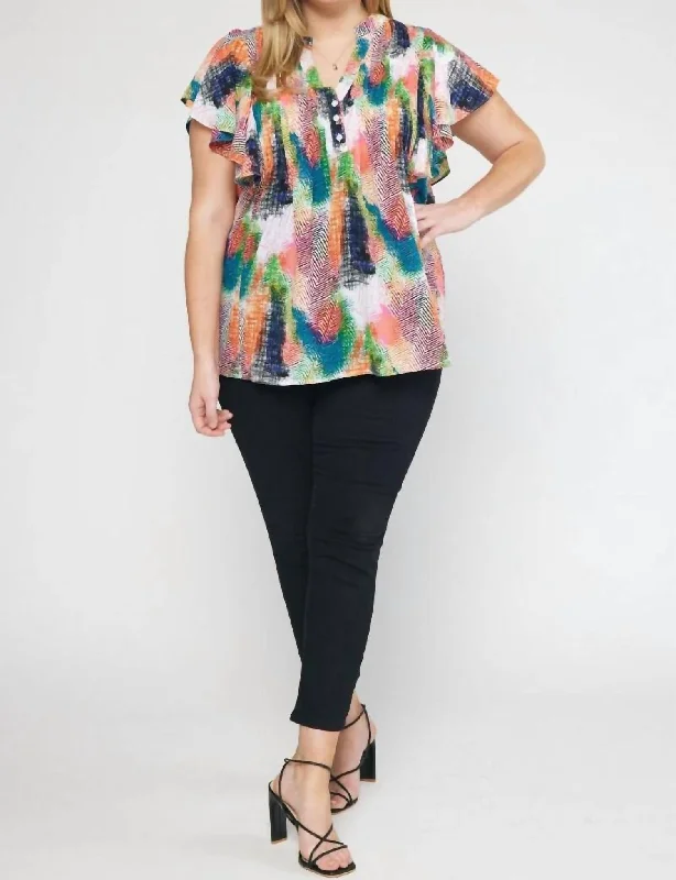 Act Now V-Neck Ruffle Sleeve Top In Green Orange Print