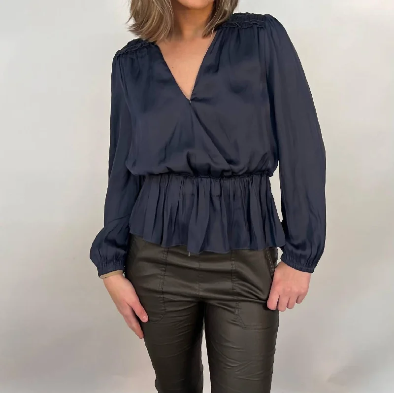Special Discount V-Neck Surplice Peplum Blouse In Slate Navy