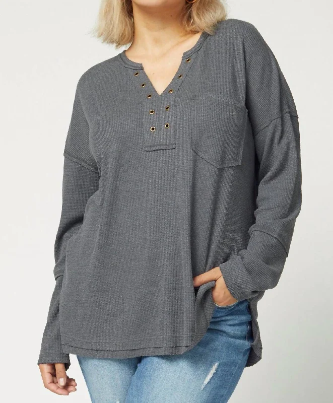 Overstock V-Neck With Grommets Top In Charcoal