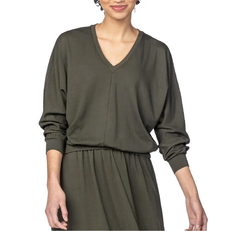 Amazing Deals V-Neckline Dolman Long Sleeve Top In Olive
