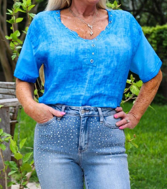 Price Buster V- Neckline Linen Shirt In Royal Blue