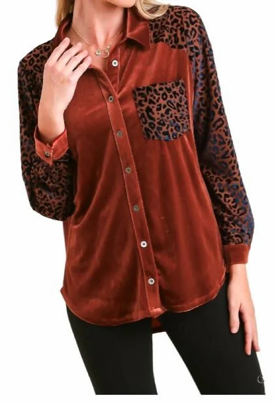 New Deals Velvet Collar Button Down Shirt In Copper