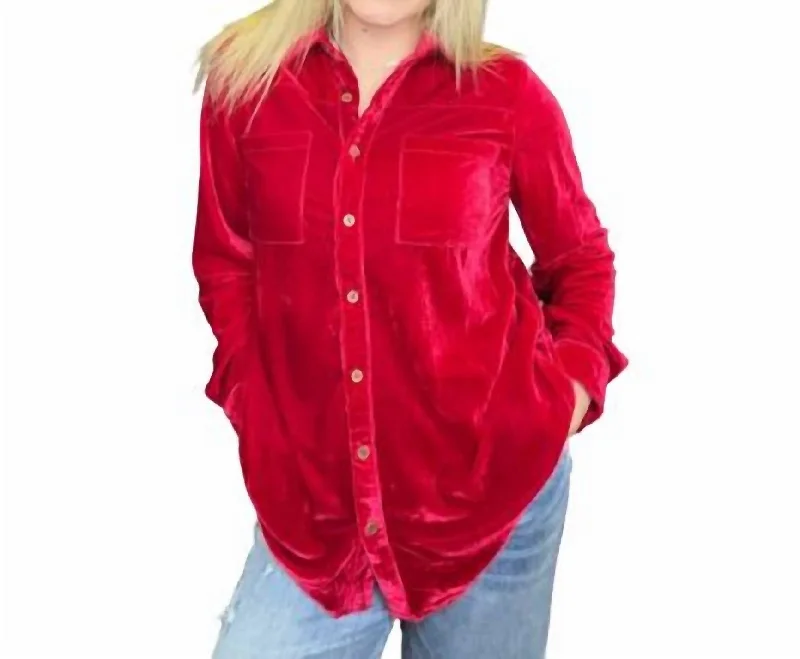 Discount Mania Velvet Long Sleeve Shirt In Deep Red