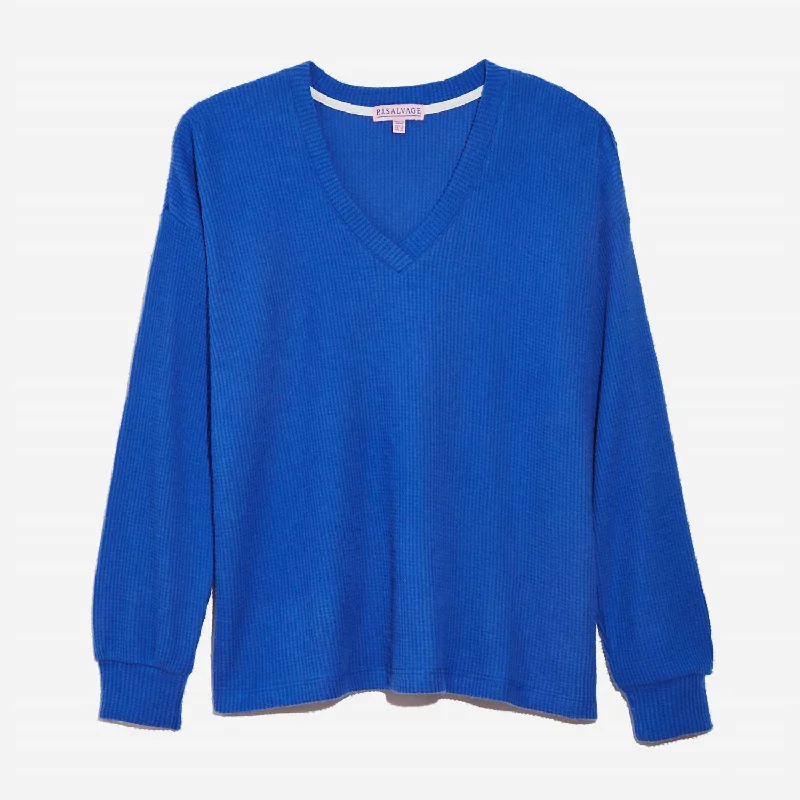 Warehouse Sale Waffle Knit Long Sleeve Lounge Top In Royal Blue