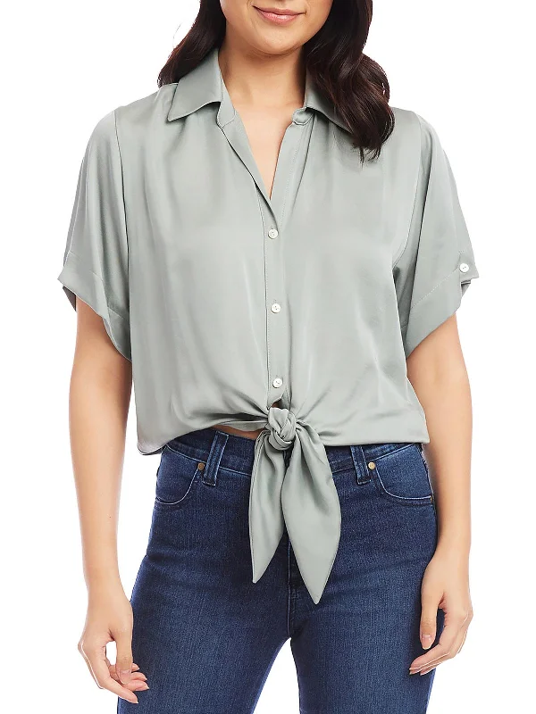Super Sale Womens Collared Tie Front Button-Down Top