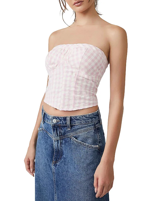 Shop and Save Womens Cropped Gingham Strapless Top