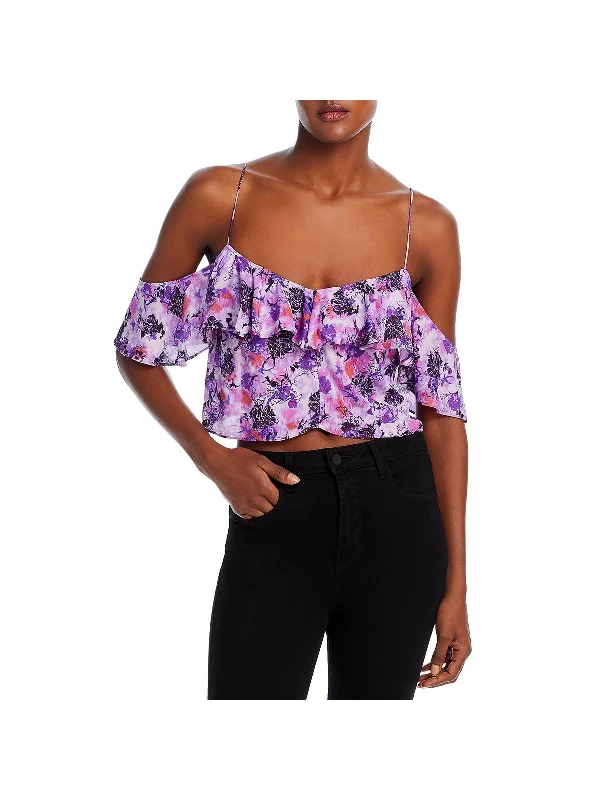 Savings Event Womens Floral Print Cold Shoulder Cropped
