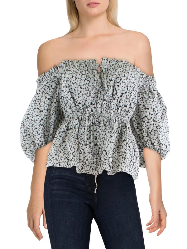 Weekend Deal Womens Floral Print Puff Sleeves Blouse
