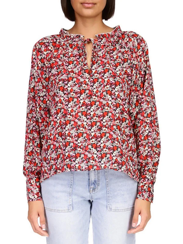 Price Break Womens Floral Print Ruffle Neck Blouse