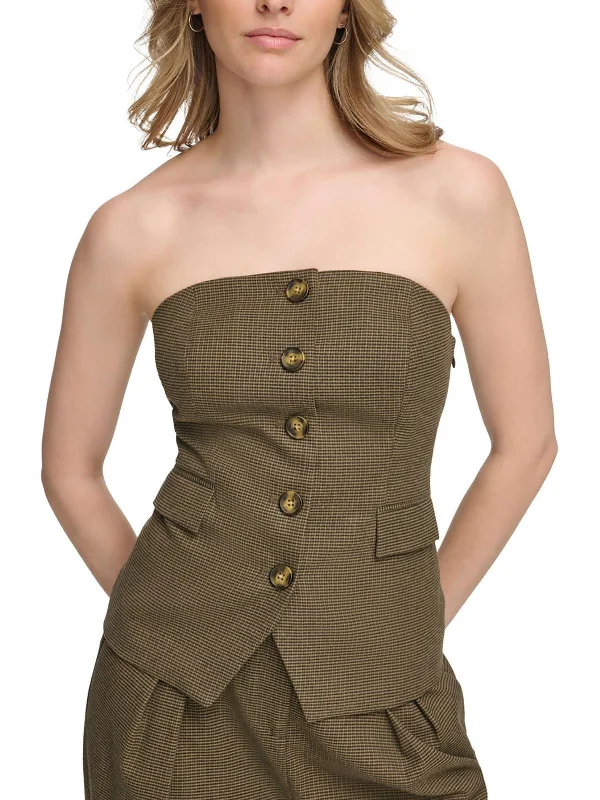 Factory Direct Sale Womens Houndstooth Button Front Strapless Top