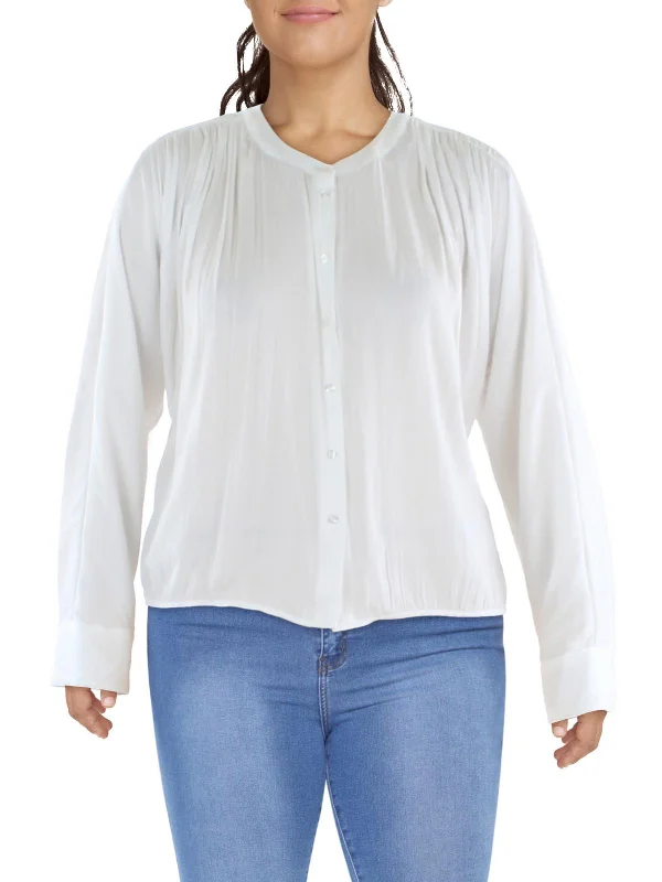 Bargain Blast Womens Pleated Banded Neck Button-Down Top