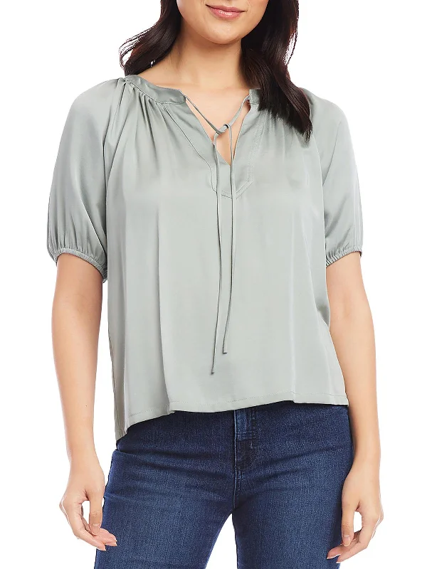 Discount Mania Womens Satin Tie Neck Peasant Top