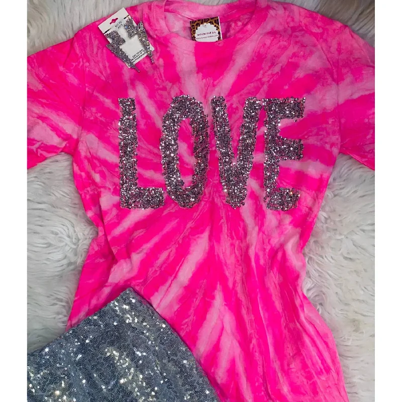Epic Deals Women's Sequin Love Neon Tie Dye Tee In Pink