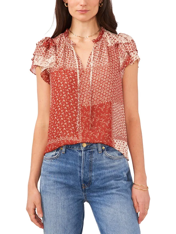 Can't Miss Womens V-Neck Floral Print Blouse