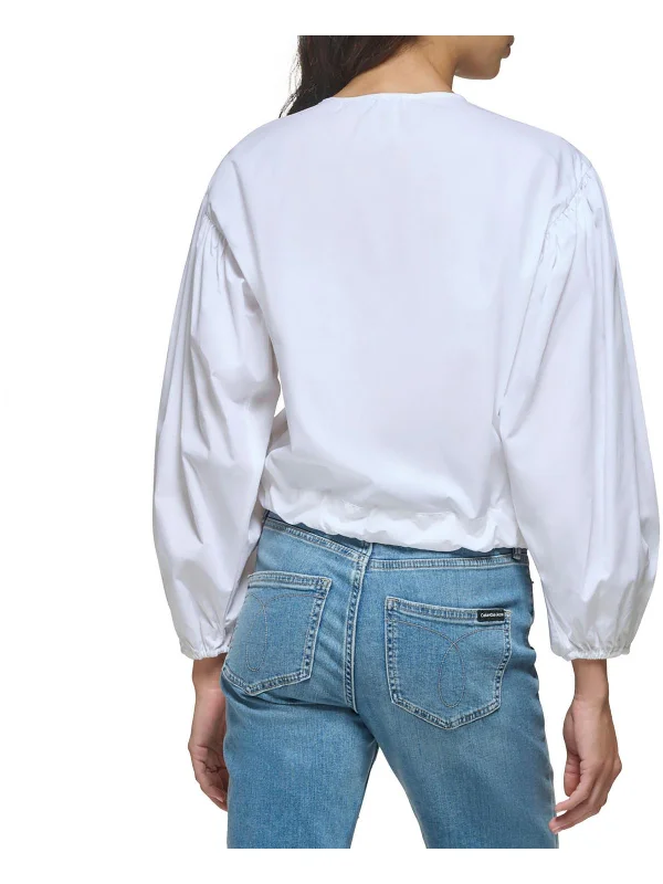 Now or Never Womens Waist Tie Puff Sleeve Button-Down Top