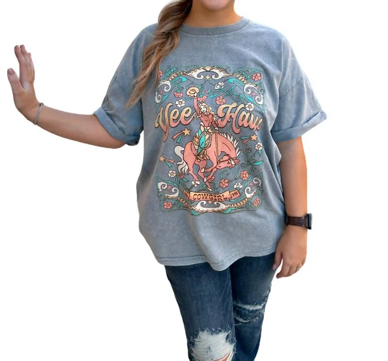 Bonus Savings Yee Haw Botanical Cowgirl Graphic T-Shirt In Grey