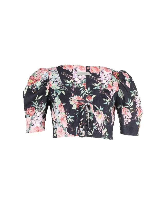 New Markdowns Zimmermann Bellitude Cropped Lace-up  Top in Floral Print Linen
