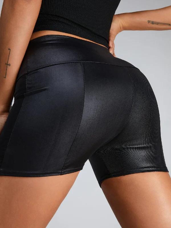 Savings Event ZASUWA Female Glossy PU Faux Leather Peach Butt Spandex Gym Booty Shorts Savings Event ZASUWA Female Glossy PU Faux Leather Peach Butt Spandex Gym Booty Shorts