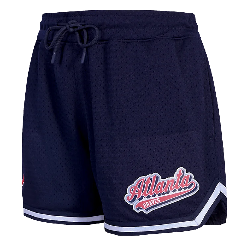 Discount Mania MLB ATLANTA BRAVES SCRIPT TAIL WOMEN'S MESH TAPE SHORT (MIDNIGHT NAVY)
